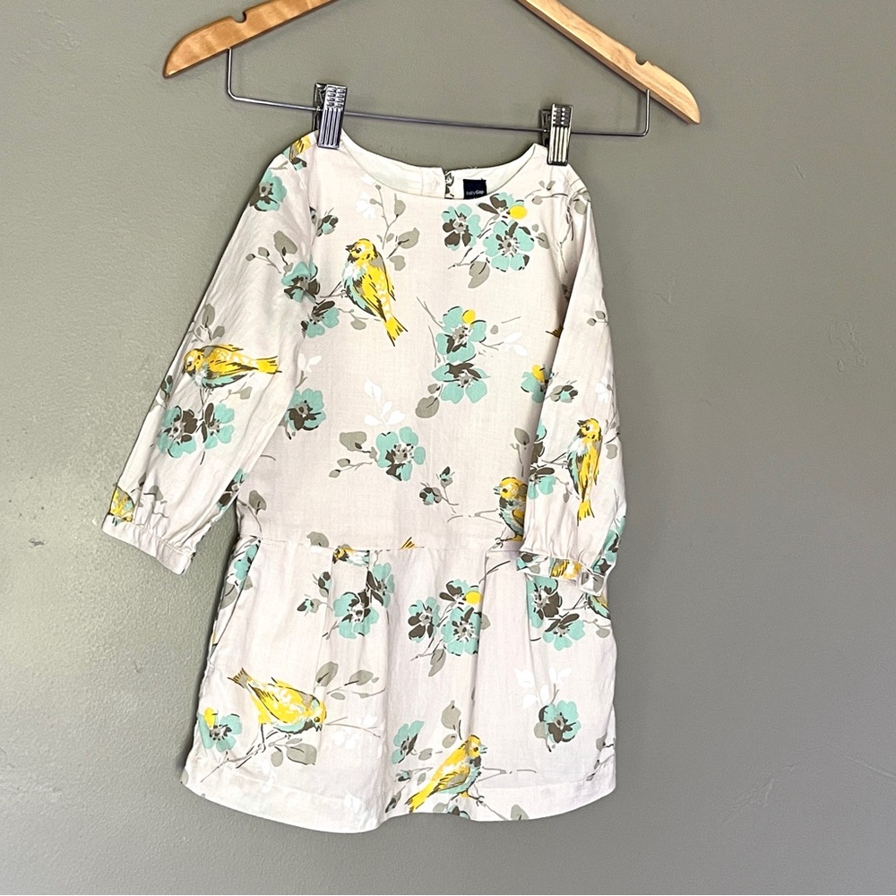 BabyGap Toddler 3 Years Floral Bird Drop Waist Long Sleeve Dress - Picture 3 of 9